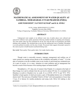 MATHEMATICAL ASSESSMENT of WATER QUALITY at SAMBHAL, MORADABAD, UTTAR PRADESH (INDIA) ASHUTOSH Dixita, NAVNEET Kumarb and D