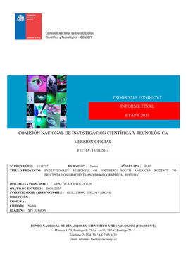 Programa Fondecyt Informe Final Etapa 2013 Comisión Nacional De Investigacion Científica Y Tecnológica Version Oficial