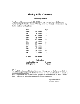 The Rag Table of Contents