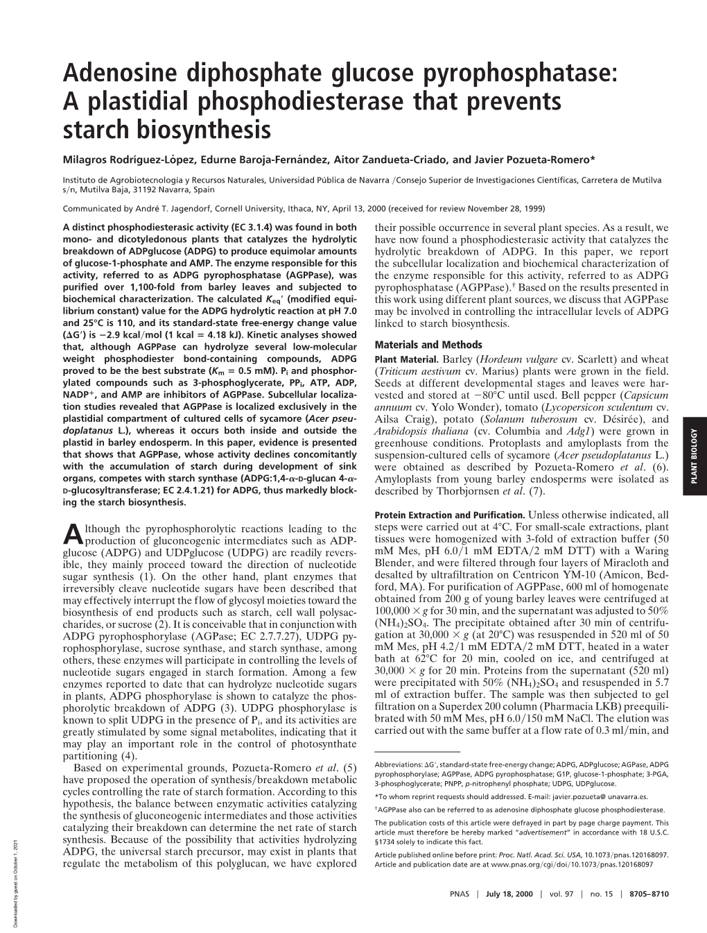 Adenosine Diphosphate Glucose Pyrophosphatase: a Plastidial Phosphodiesterase That Prevents Starch Biosynthesis