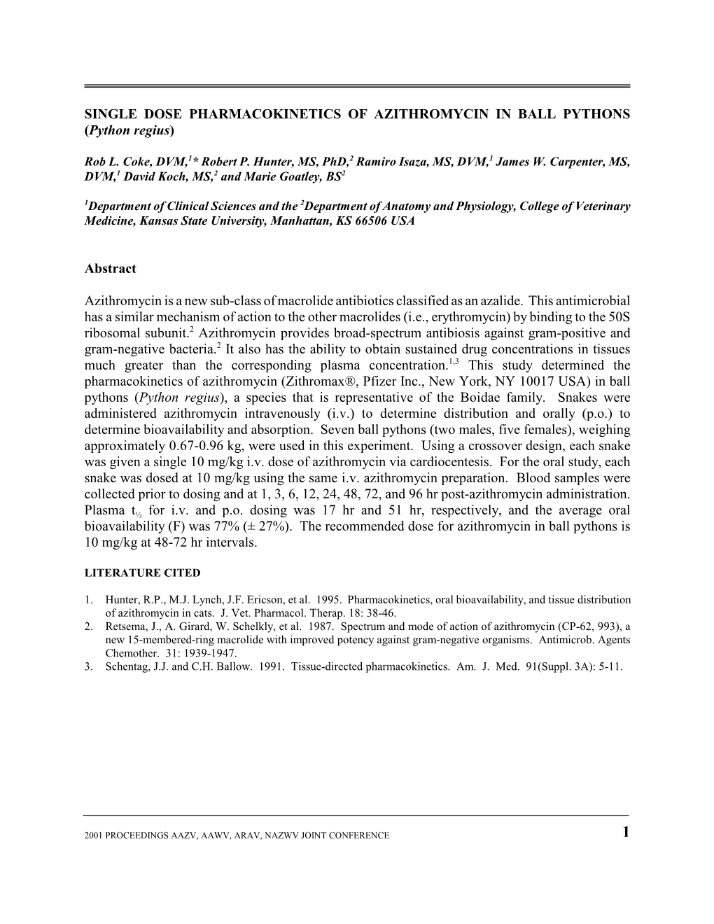 SINGLE DOSE PHARMACOKINETICS of AZITHROMYCIN in BALL PYTHONS (Python Regius)