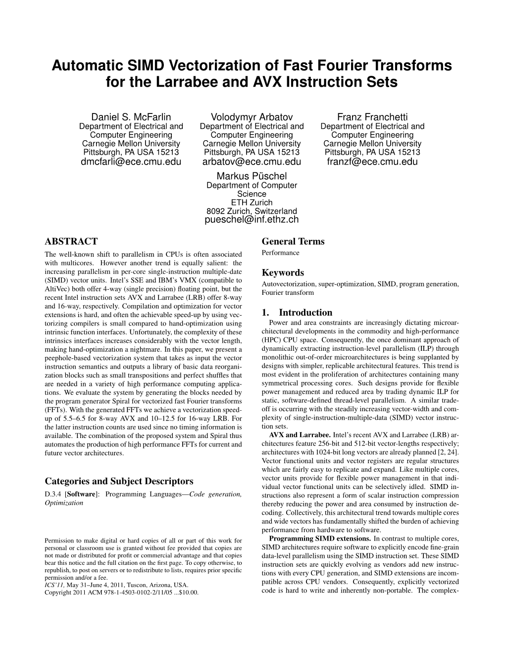 Automatic SIMD Vectorization of Fast Fourier Transforms for the Larrabee and AVX Instruction Sets