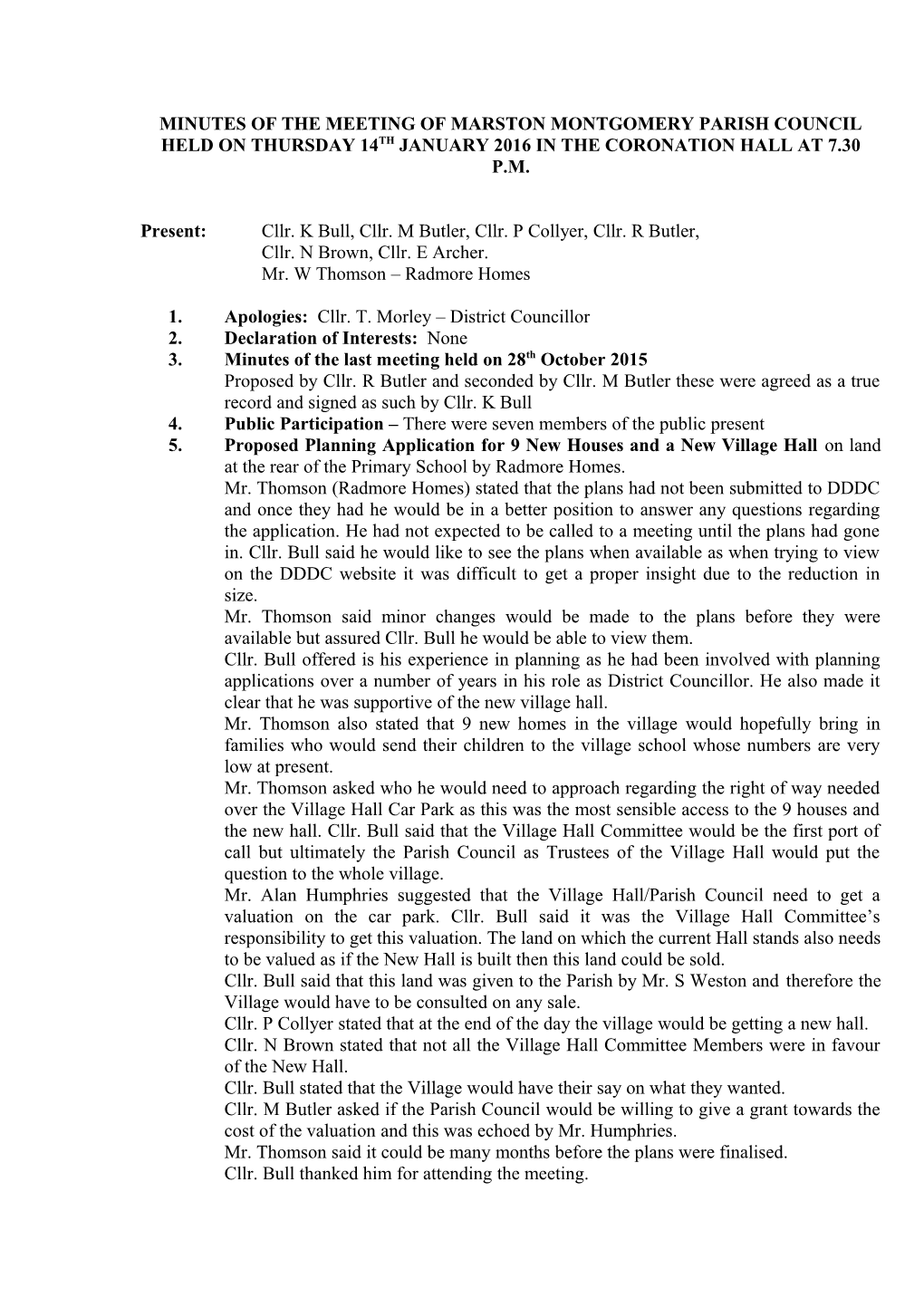 Minutes of the Meeting of Marston Montgomery Parish Council Held on Thursday 14Th January