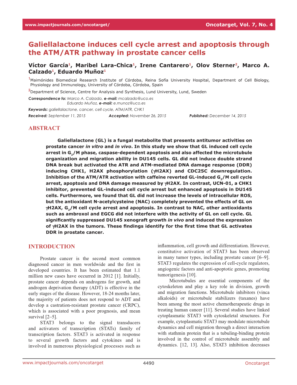 Galiellalactone Induces Cell Cycle Arrest and Apoptosis Through the ATM/ATR Pathway in Prostate Cancer Cells