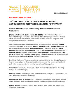 39Th College Television Awards Winners Announced by Television Academy Foundation