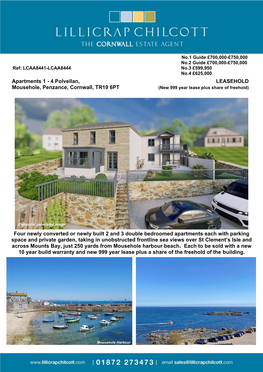 Apartments 1 - 4 Polvellan, LEASEHOLD Mousehole, Penzance, Cornwall, TR19 6PT (New 999 Year Lease Plus Share of Freehold)