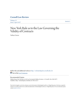 New York Rule As to the Law Governing the Validity of Contracts Nathan Greene