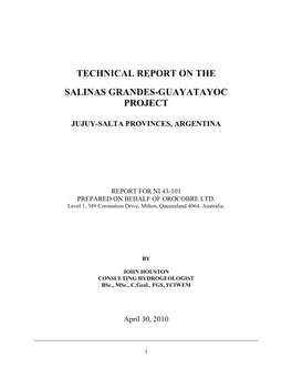Technical Report on the Salinas Grandes-Guayatayoc Project Jujuy-Salta Provinces, Argentina