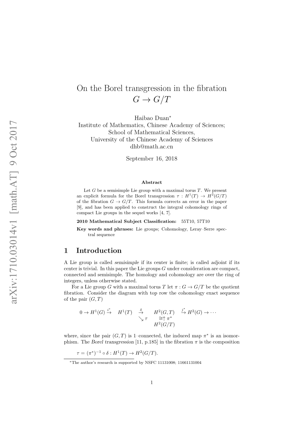 On the Borel Transgression in the Fibration $ G\Rightarrow G/T$