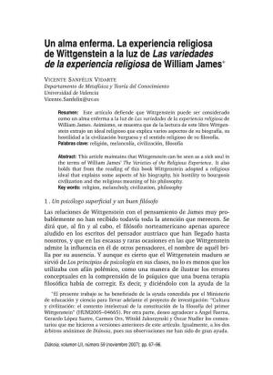 Un Alma Enferma. La Experiencia Religiosa De Wittgenstein a La Luz De Las Variedades De La Experiencia Religiosa De William James∗