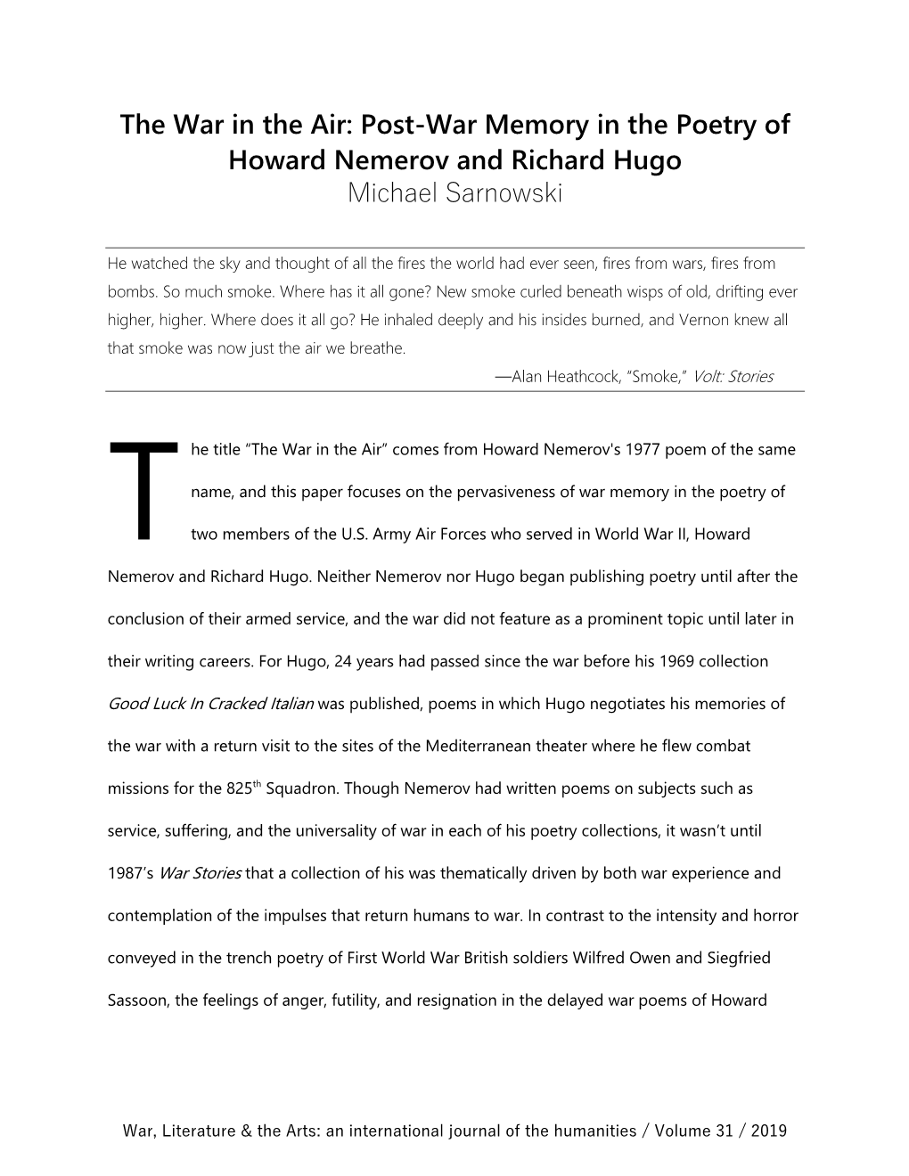 The War in the Air: Post-War Memory in the Poetry of Howard Nemerov and Richard Hugo Michael Sarnowski