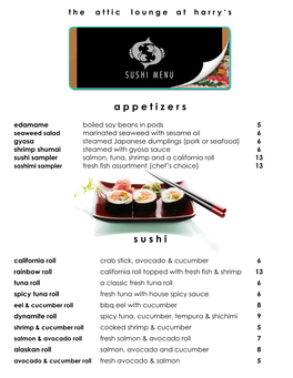 Sushi Sampler Salmon, Tuna, Shrimp and a California Roll 13 Sashimi Sampler Fresh Fish Assortment (Chef’S Choice) 13