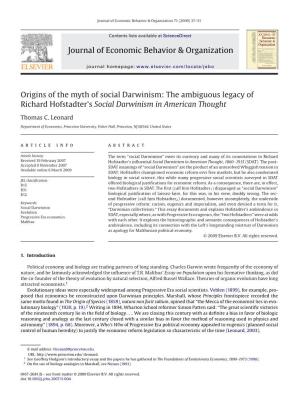 Origins of the Myth of Social Darwinism: the Ambiguous Legacy of Richard Hofstadter’S Social Darwinism in American Thought