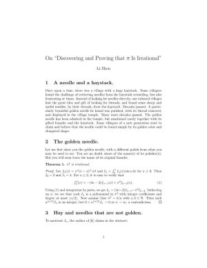 On “Discovering and Proving That Π Is Irrational”