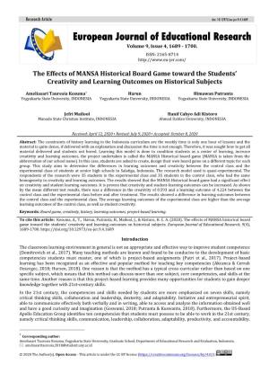 The Effects of MANSA Historical Board Game Toward the Students’ Creativity and Learning Outcomes on Historical Subjects
