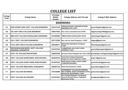 COLLEGE LIST Principal College College Name Mobile College Address with Pincode College E-Mail Address Code Number BANSWARA