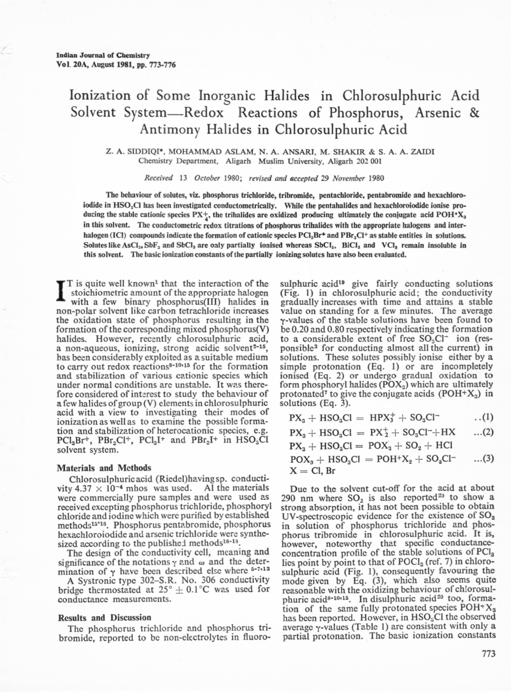 Ionization of Some Inorganic Halides in Chlorosulphuric Acid Solvent System-Redox Reactions of Phosphorus, Arsenic & Antimony Halides in Chlorosulphuric Acid