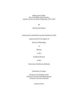 Uzbek: War, Friendship of the Peoples, and the Creation of Soviet Uzbekistan, 1941-1945