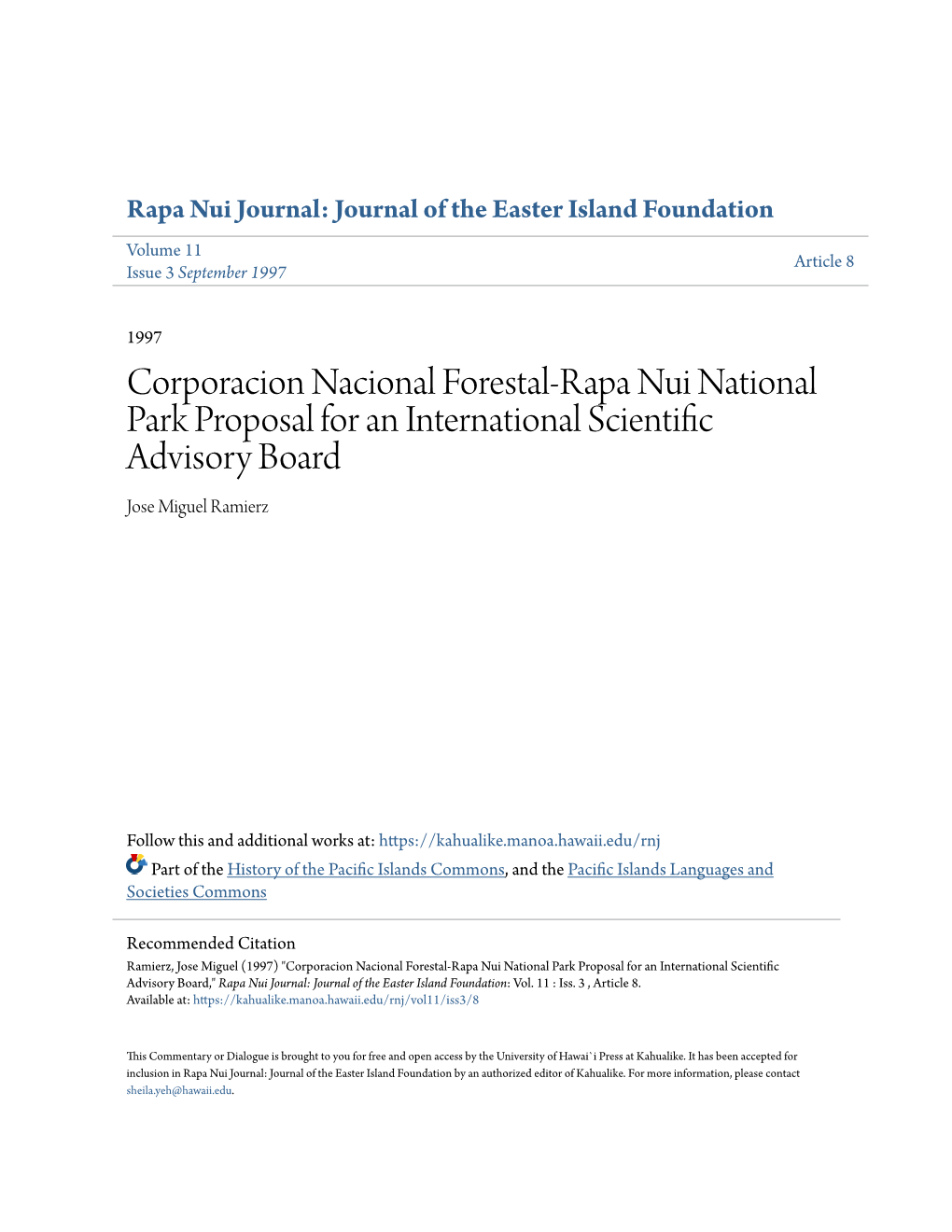 Corporacion Nacional Forestal-Rapa Nui National Park Proposal for an International Scientific Advisory Board Jose Miguel Ramierz