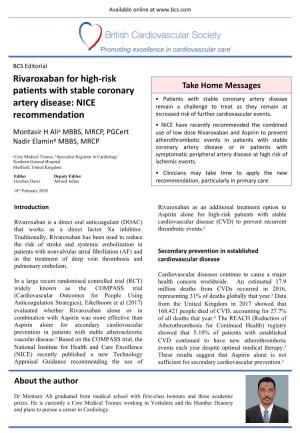 Rivaroxaban for High-Risk Patients with Stable Coronary Artery Disease: NICE Recommendation by Montasir Ali and Nadir Elamin