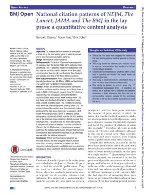 National Citation Patterns of NEJM, the Lancet, JAMA and the BMJ in the Lay Press: a Quantitative Content Analysis