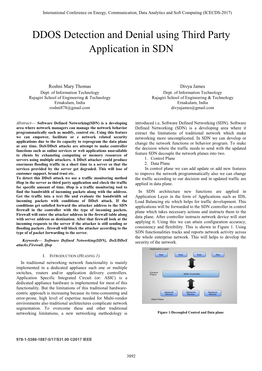 DDOS Detection and Denial Using Third Party Application in SDN