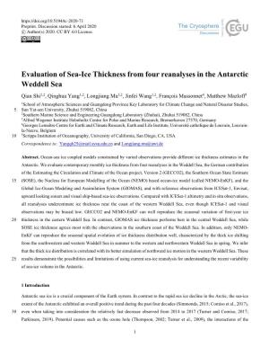 Evaluation of Sea-Ice Thickness from Four Reanalyses in the Antarctic Weddell
