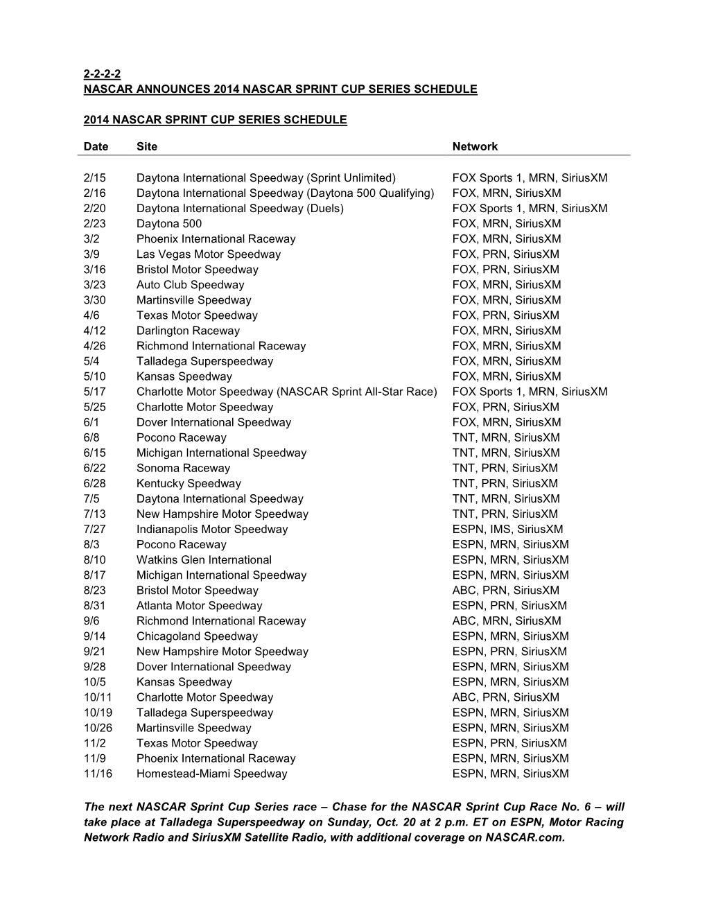 2-2-2-2 Nascar Announces 2014 Nascar Sprint Cup Series Schedule