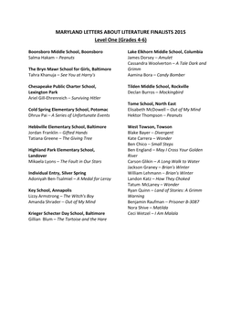 MARYLAND LETTERS ABOUT LITERATURE FINALISTS 2015 Level One (Grades 4-6)