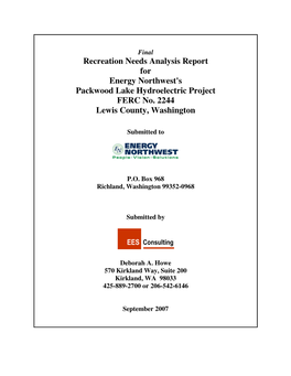 Recreation Needs Analysis Report for Energy Northwest's Packwood Lake Hydroelectric Project FERC No