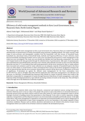 Efficiency of Solid Waste Management Methods in Karu Local Government Area, Nasarawa State, North Central, Nigeria