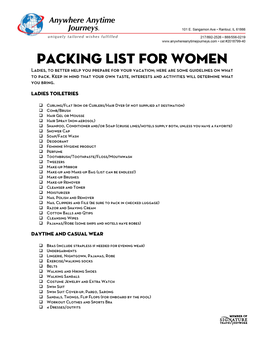 Packing List for Women Ladies, to Better Help You Prepare for Your Vacation; Here Are Some Guidelines on What to Pack