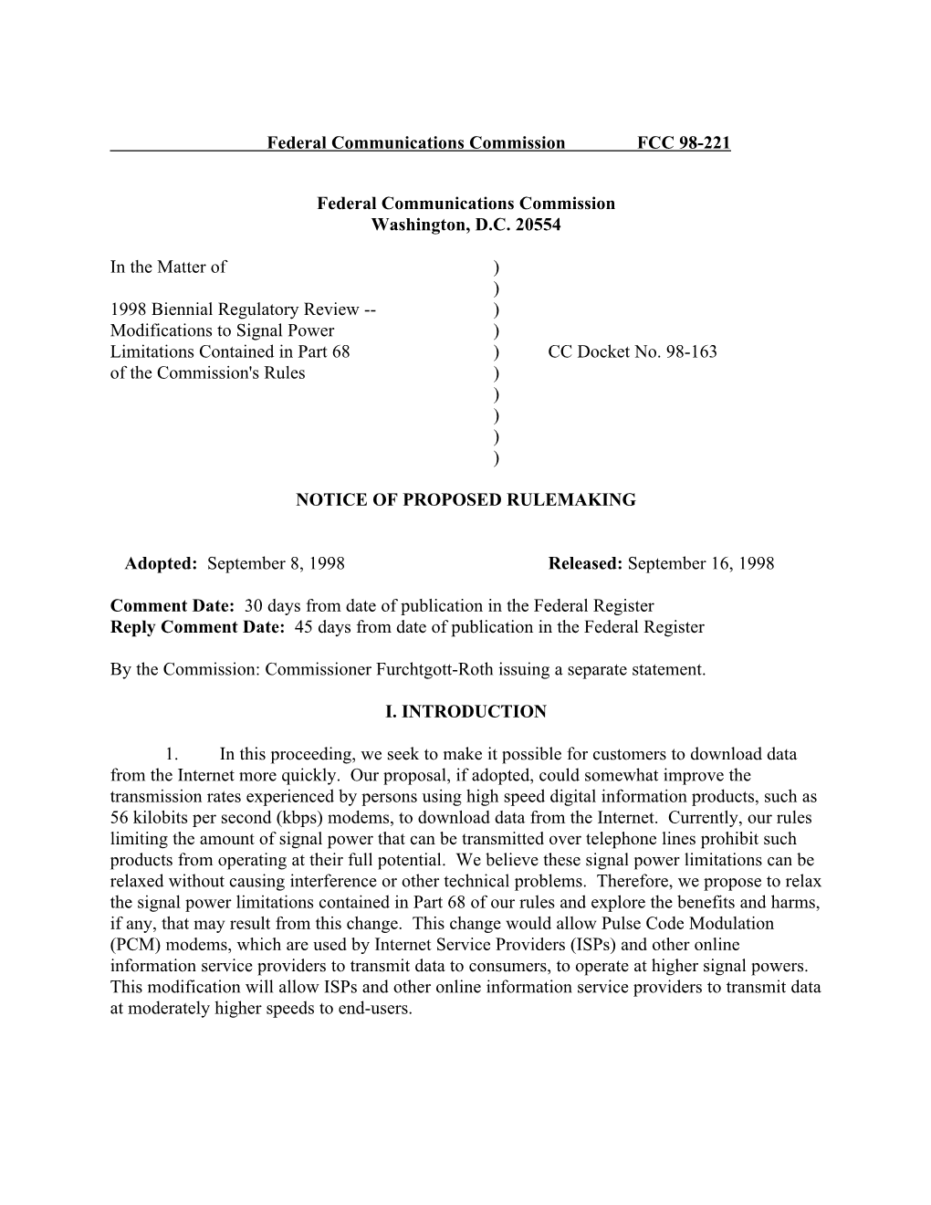 Federal Communications Commission FCC 98-221 Federal