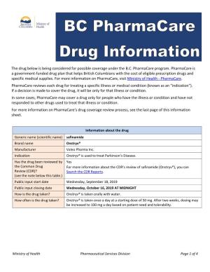 B.C. Pharmacare Drug Information Sheet for Safinamide (Onstryv)