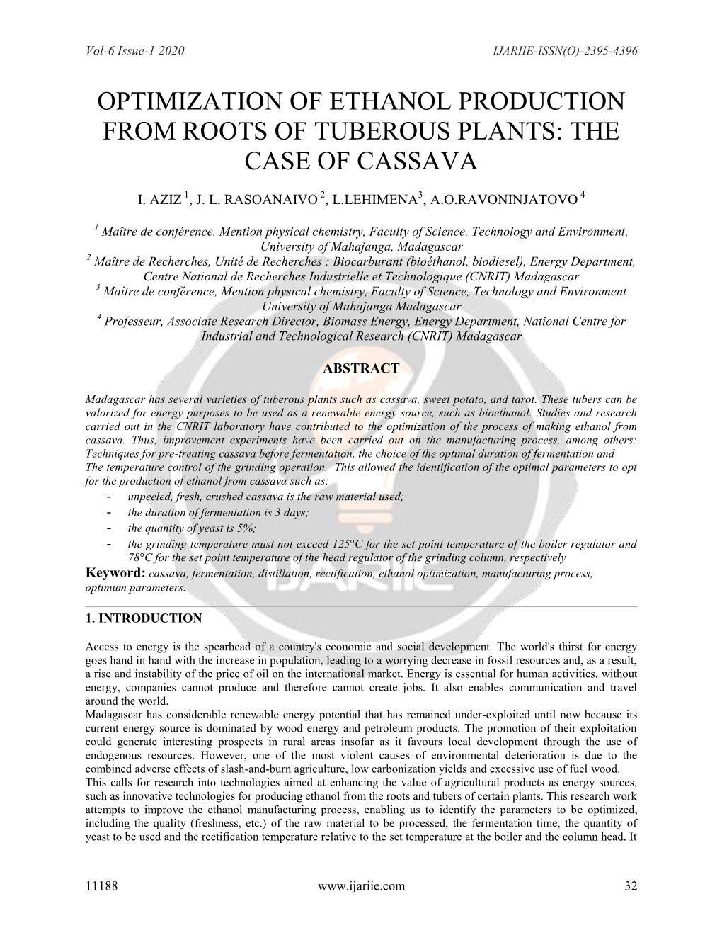 Optimization of Ethanol Production from Roots of Tuberous Plants: the Case of Cassava