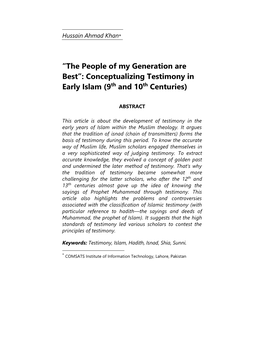 “The People of My Generation Are Best”: Conceptualizing Testimony in Early Islam (9Th and 10Th Centuries)