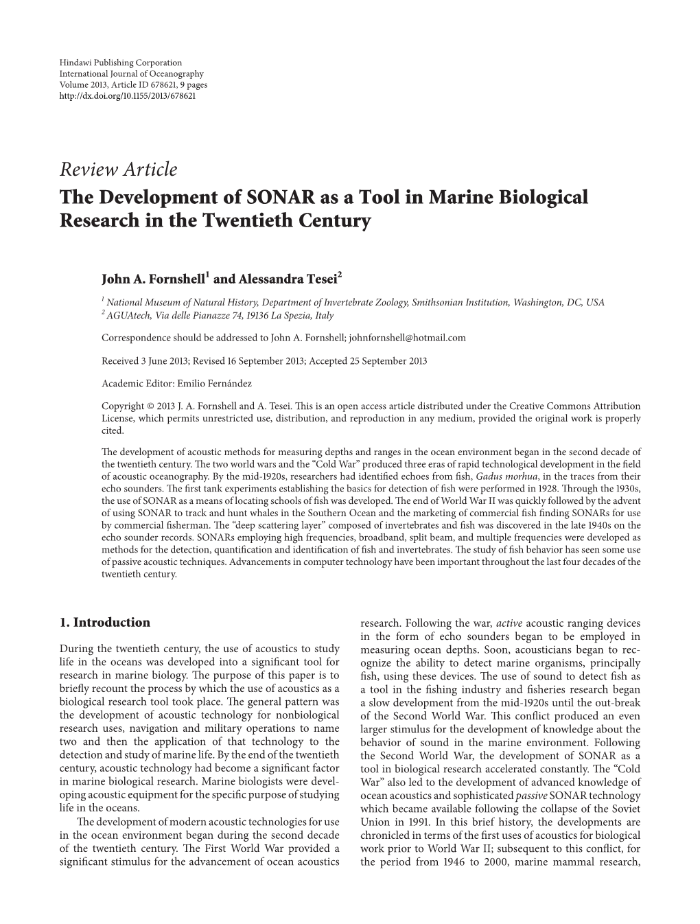 The Development of SONAR As a Tool in Marine Biological Research in the Twentieth Century