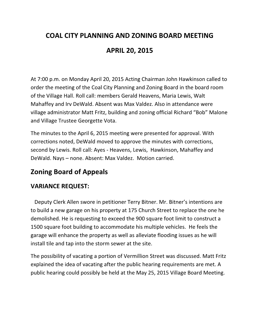 Coal City Planning and Zoning Board Meeting