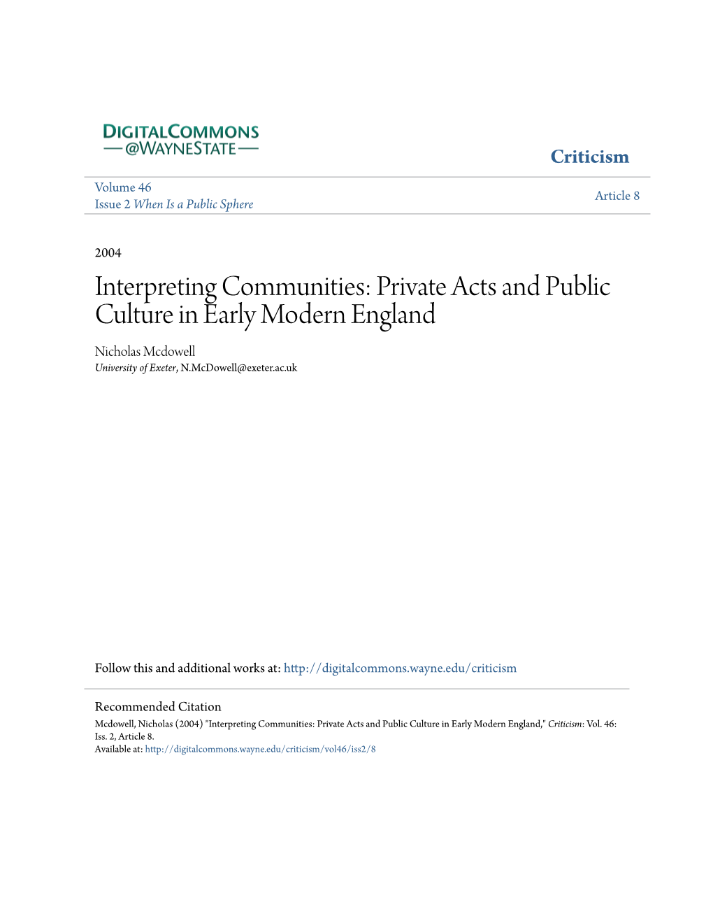 Private Acts and Public Culture in Early Modern England Nicholas Mcdowell University of Exeter, N.Mcdowell@Exeter.Ac.Uk