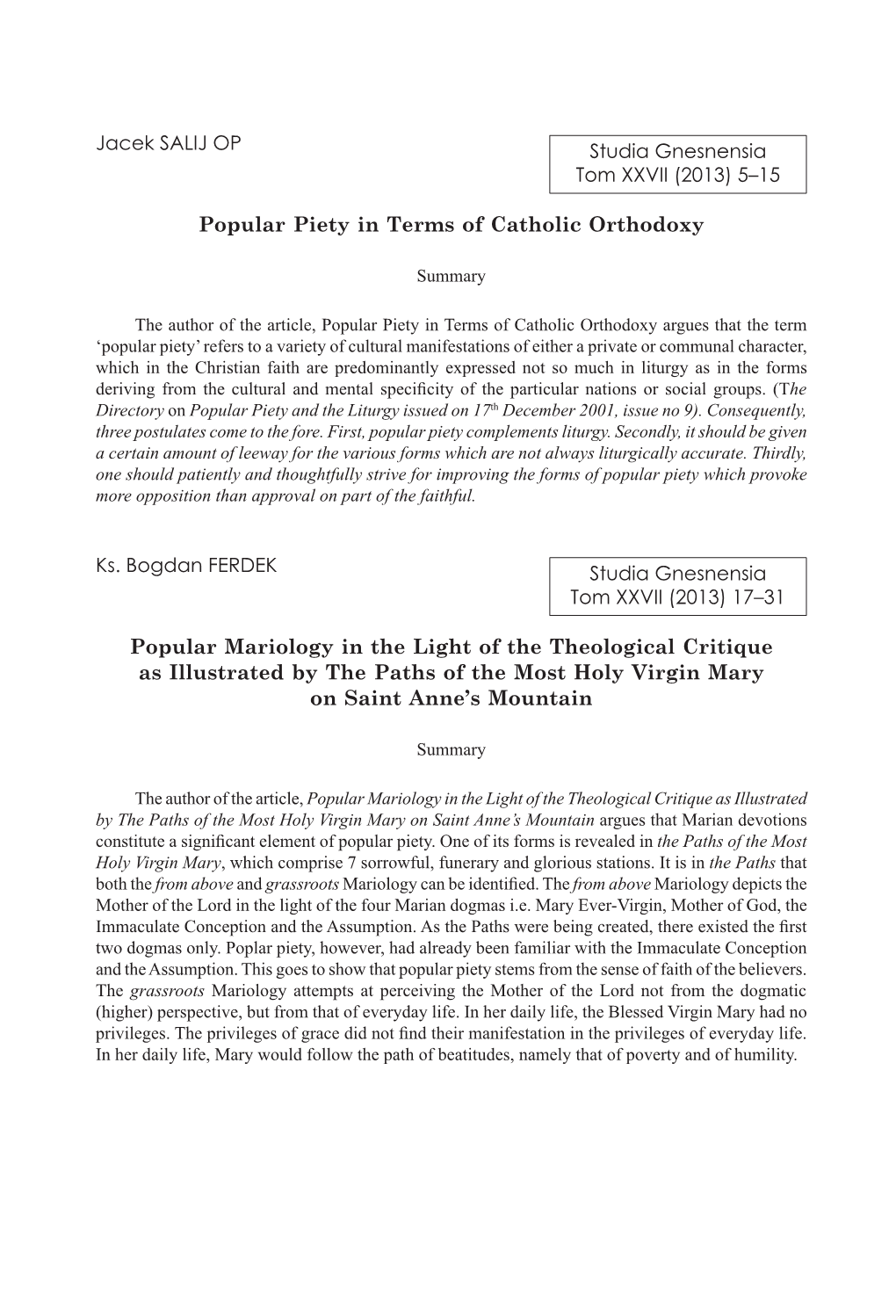 Jacek SALIJ OP Popular Piety in Terms of Catholic Orthodoxy Studia