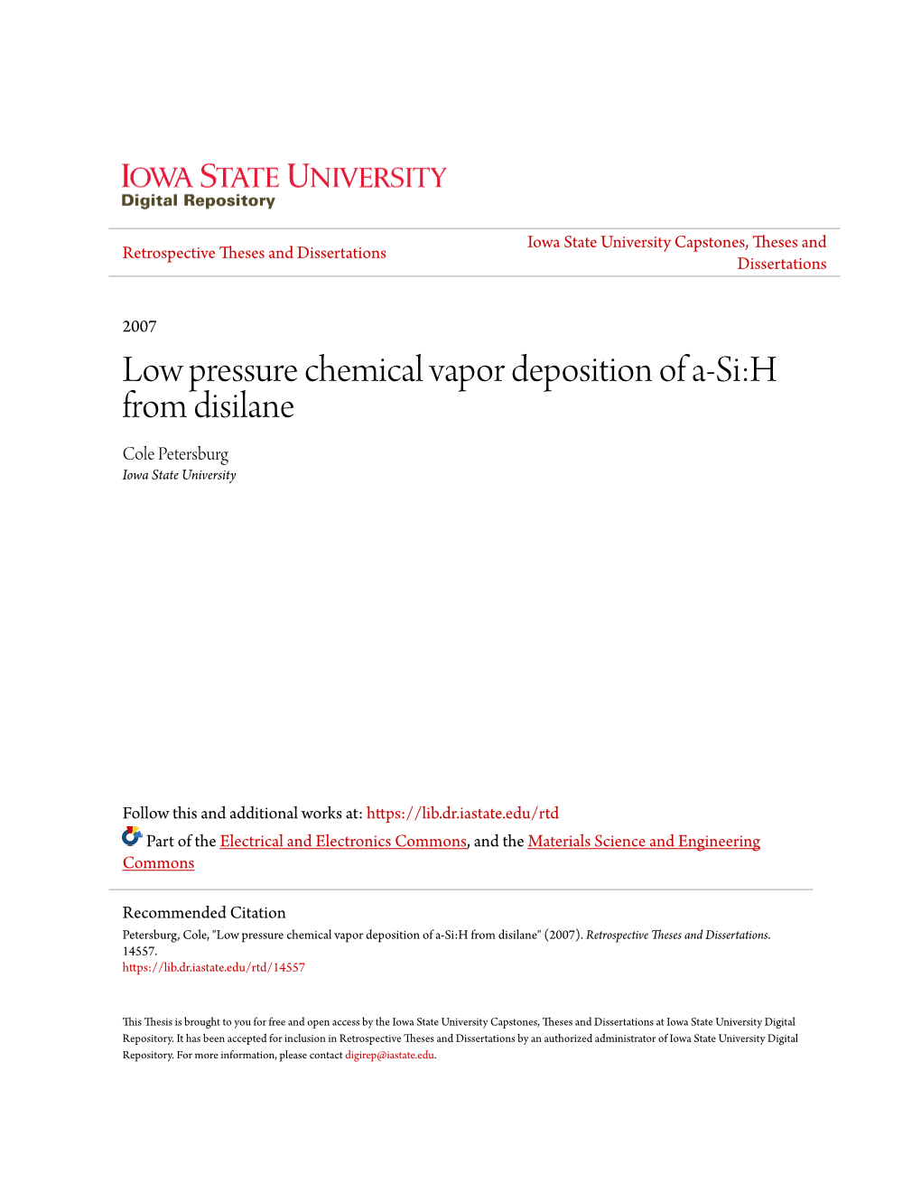 Low Pressure Chemical Vapor Deposition of A-Si:H from Disilane Cole Petersburg Iowa State University