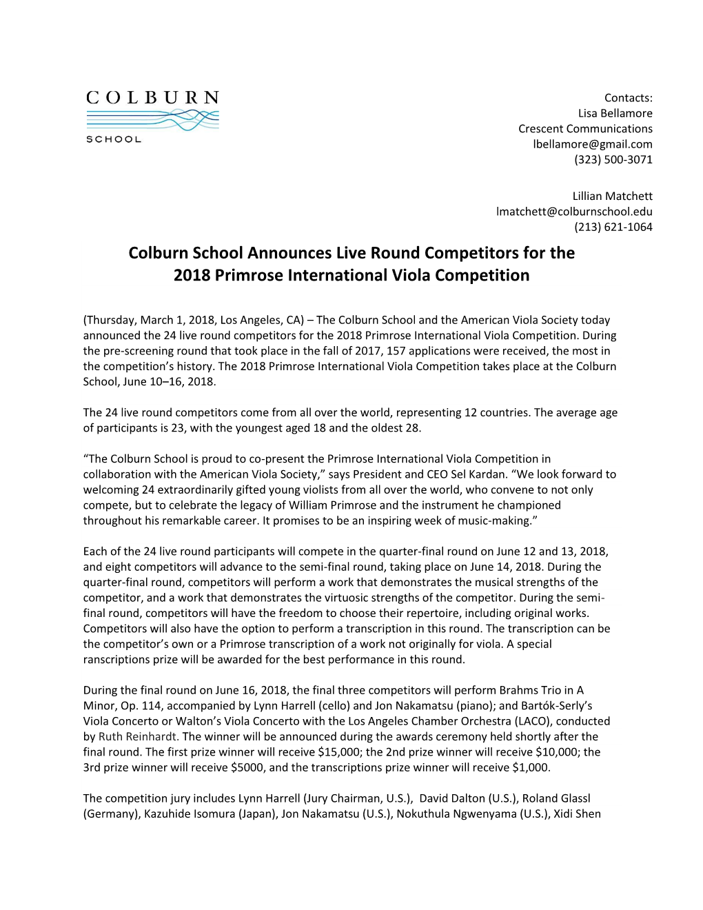 Colburn School Announces Live Round Competitors for the 2018 Primrose International Viola Competition