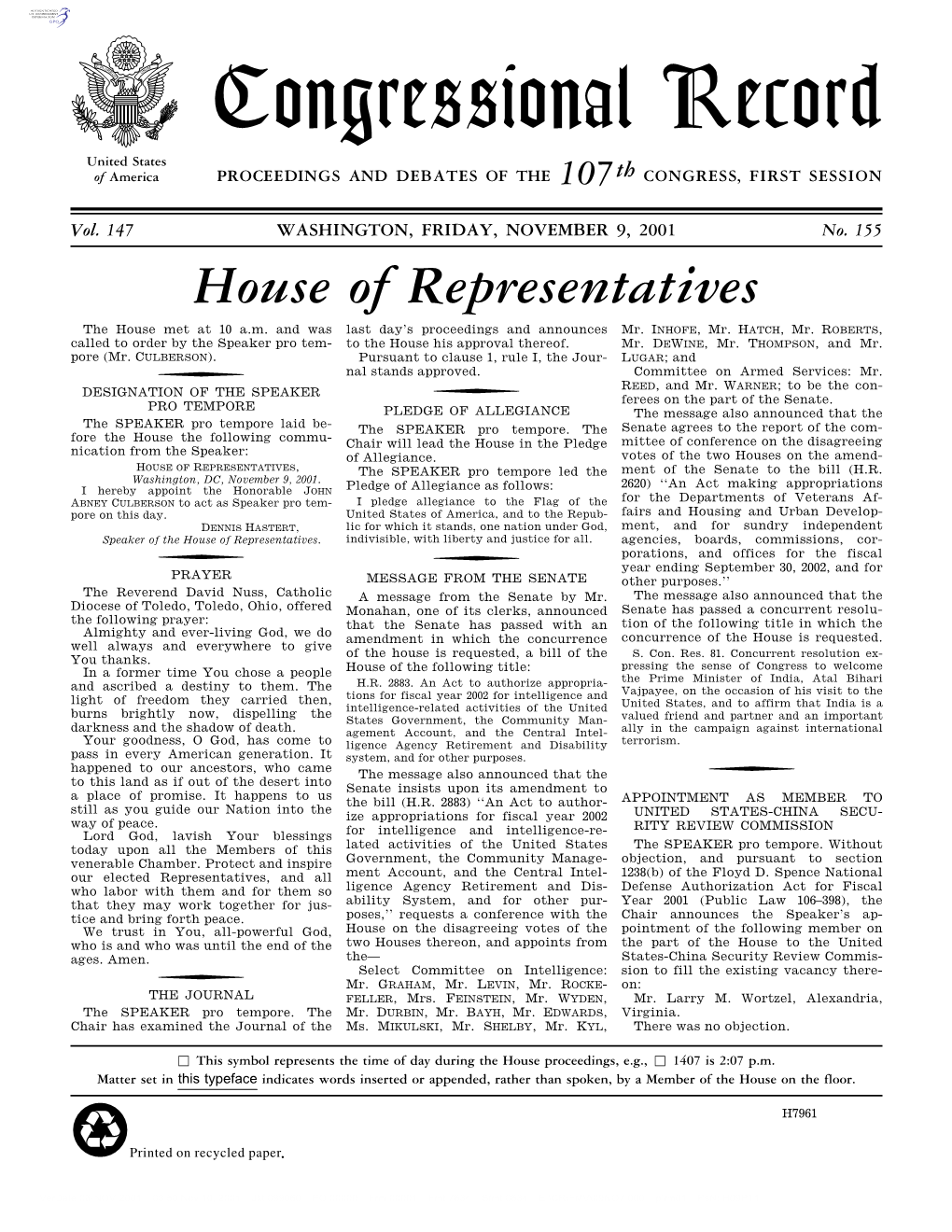 Congressional Record United States of America PROCEEDINGS and DEBATES of the 107Th CONGRESS, FIRST SESSION