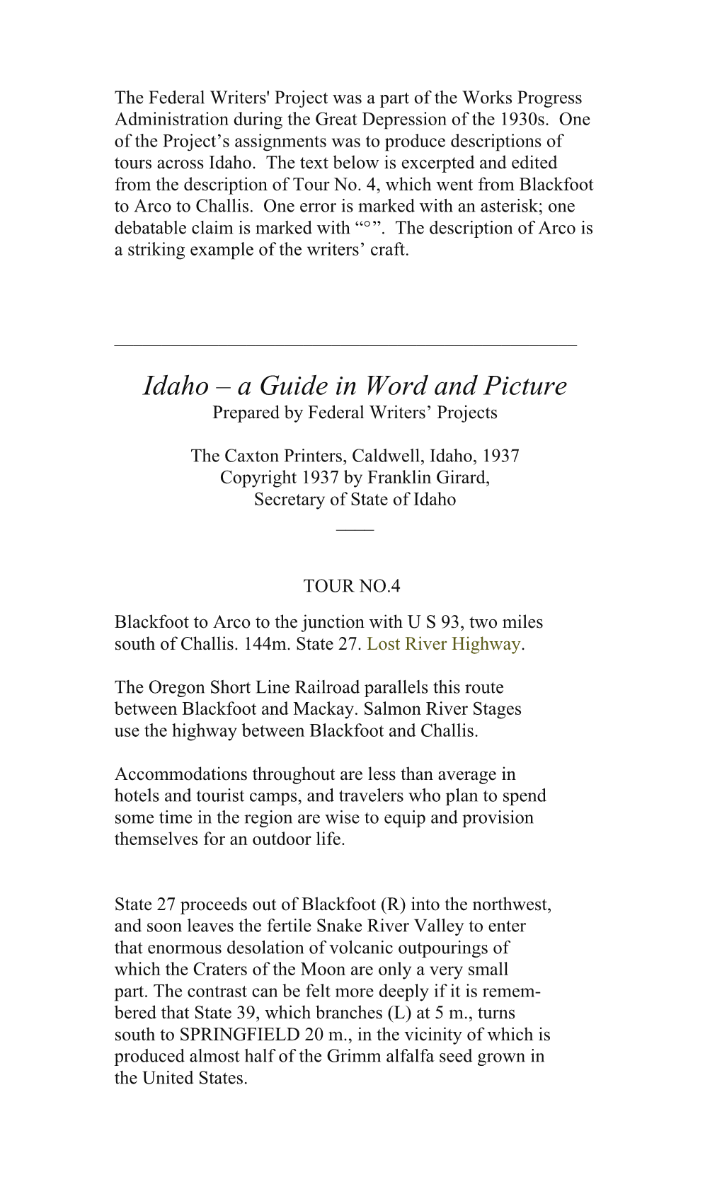 Idaho – a Guide in Word and Picture Prepared by Federal Writers’ Projects