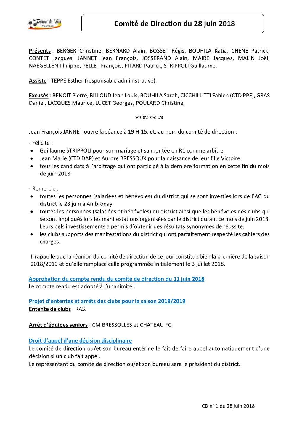 Comité De Direction Du 28 Juin 2018