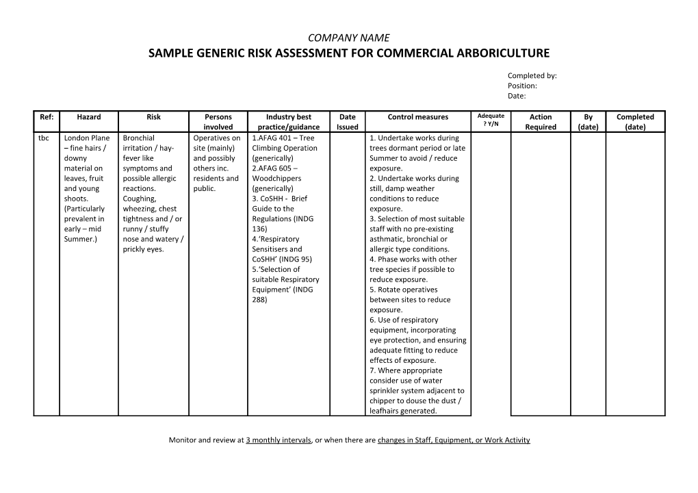 Sample Generic Risk Assessment for Commercial Arboriculture