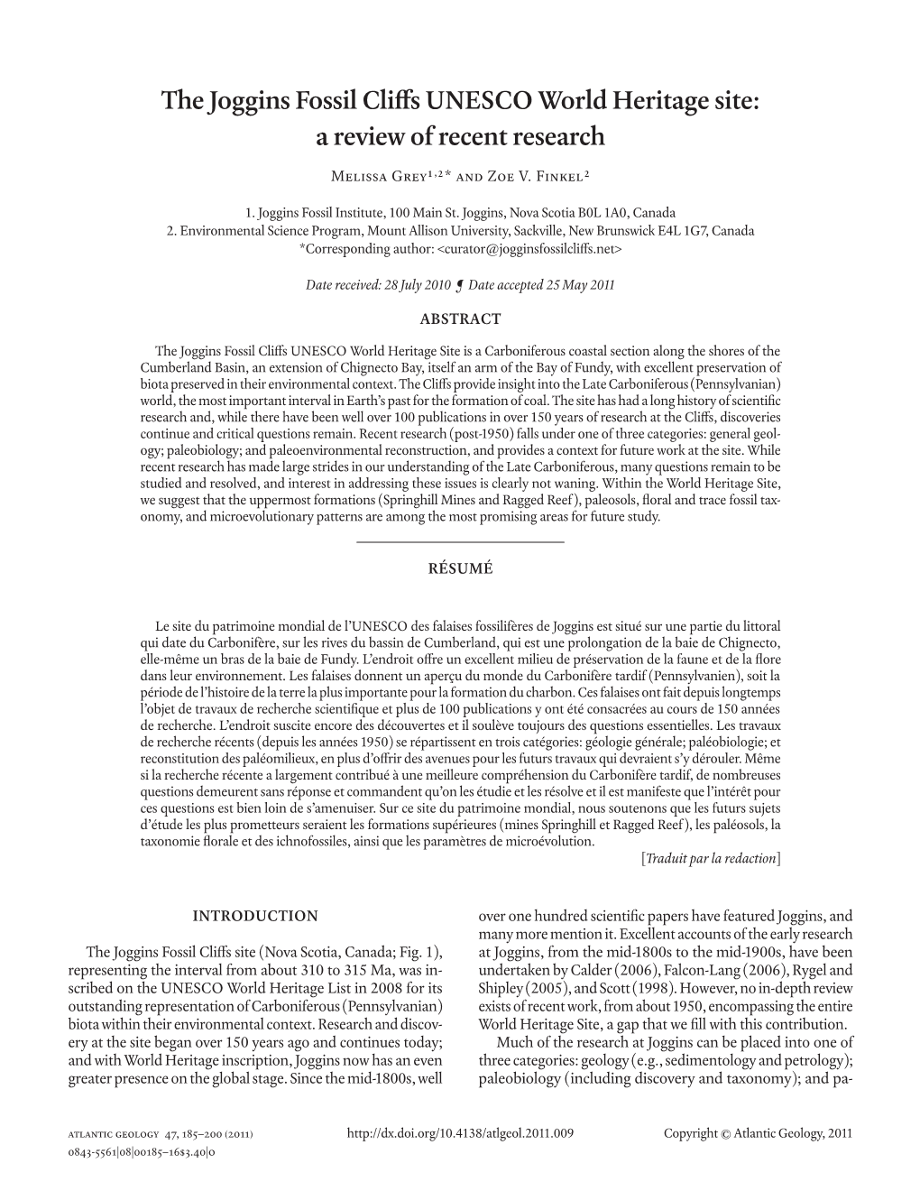 The Joggins Fossil Cliffs UNESCO World Heritage Site: a Review of Recent Research