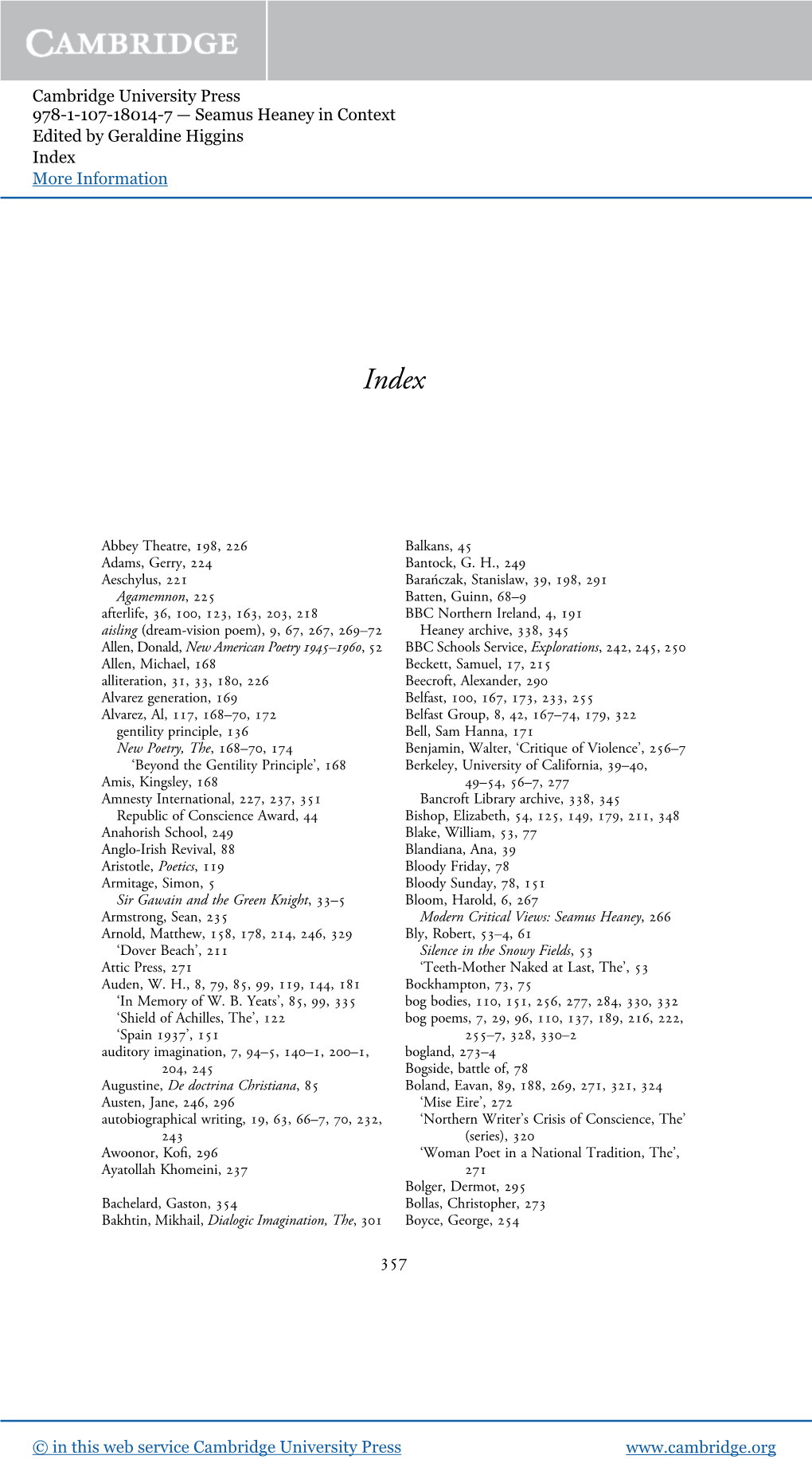 Cambridge University Press 978-1-107-18014-7 — Seamus Heaney in Context Edited by Geraldine Higgins Index More Information