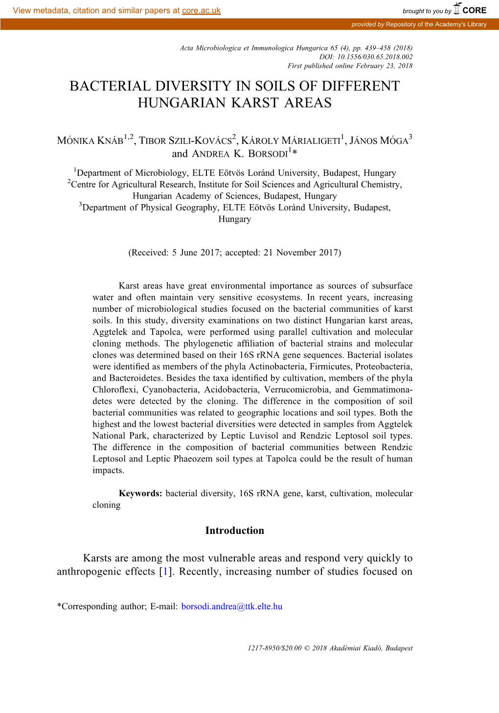 Bacterial Diversity in Soils of Different Hungarian Karst Areas