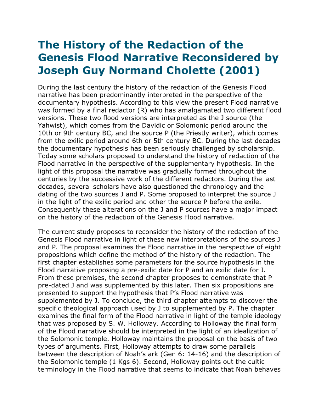 The History of the Redaction of the Genesis Flood Narrative Reconsidered by Joseph Guy Normand Cholette (2001)